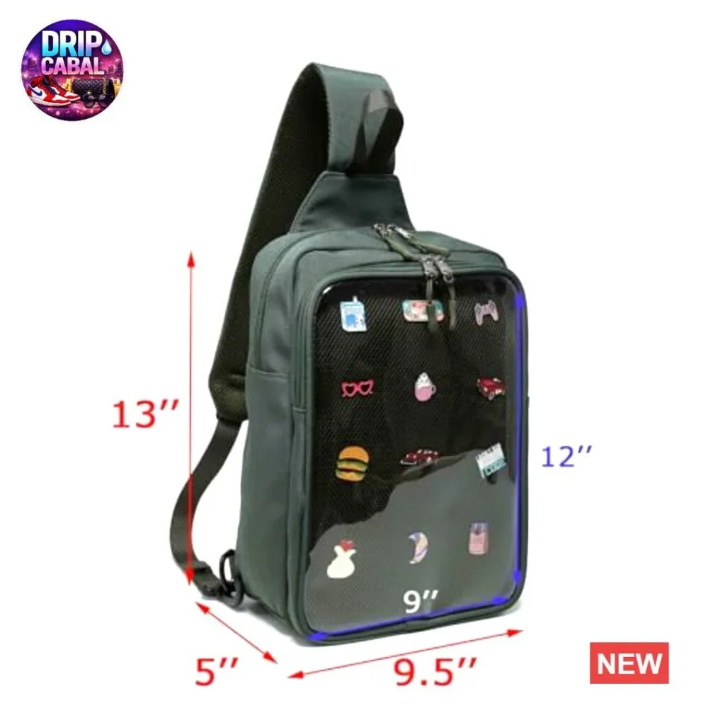 Premium PU Leather and PVC Ita Bag with Pin Display, Adjustable Strap Crossbody
